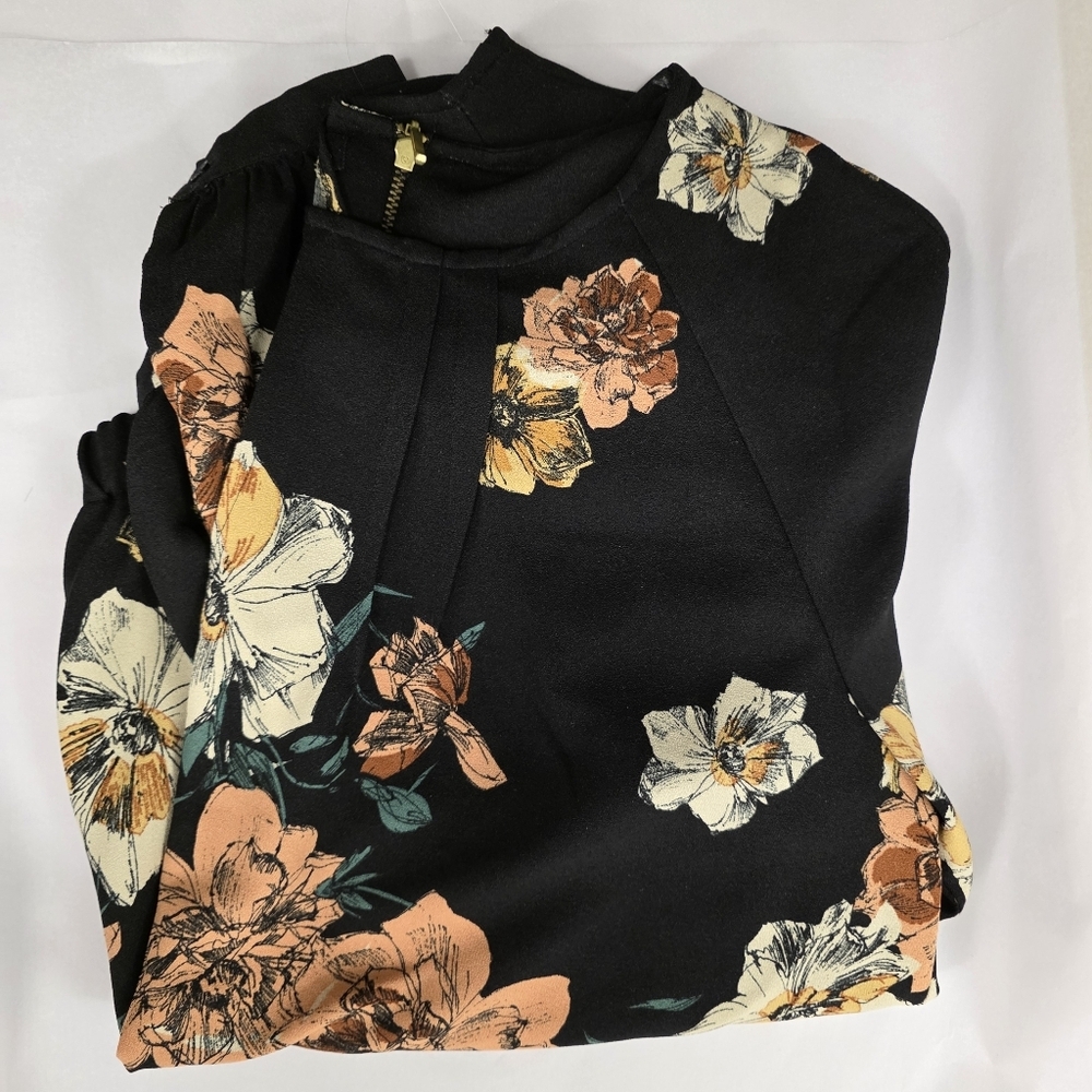 Zara Basic Collection Floral Black Long Sleeve Zip Back Blouse size M